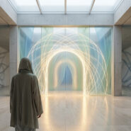 Vue de dos, une personne capuchonnée contemple une arche de lumière dorée dans un espace épuré avec des motifs chaotiques.