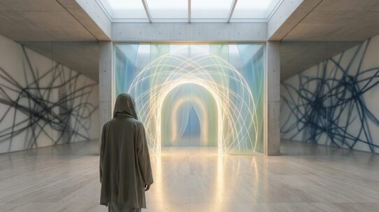 Vue de dos, une personne capuchonnée contemple une arche de lumière dorée dans un espace épuré avec des motifs chaotiques.