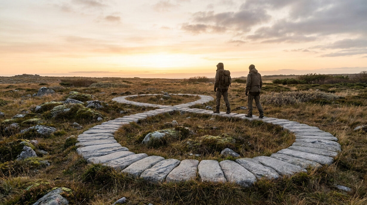 Deux personnes sur un chemin de pierre en forme de boucle dans un paysage herbeux au coucher du soleil.