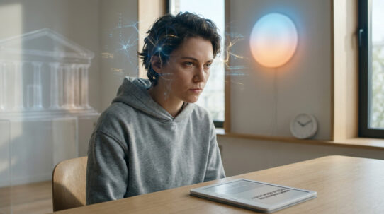 Femme concentrée lisant un texte sur tablette, avec effet de neurones et palais mental pour la mémorisation.
