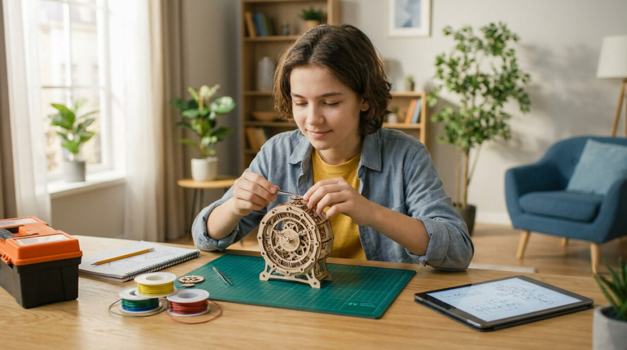 Un adolescent concentré assemble une horloge mécanique en bois avec des pinces sur un bureau, outils et tablette à proximité.