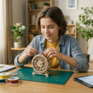 Un adolescent concentré assemble une horloge mécanique en bois avec des pinces sur un bureau, outils et tablette à proximité.
