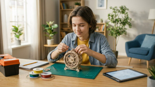 Un adolescent concentré assemble une horloge mécanique en bois avec des pinces sur un bureau, outils et tablette à proximité.