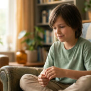 Un jeune garçon assis calmement dans un fauteuil, regardant ses mains avec une expression pensive et apaisée.