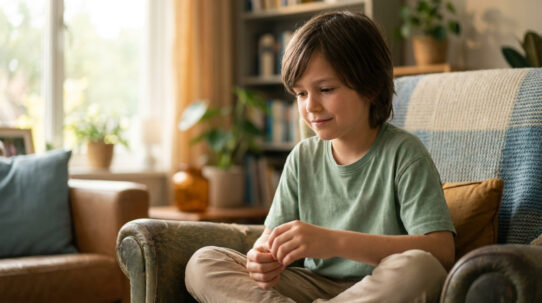 Un jeune garçon assis calmement dans un fauteuil, regardant ses mains avec une expression pensive et apaisée.