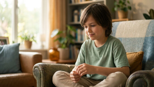 Un jeune garçon assis calmement dans un fauteuil, regardant ses mains avec une expression pensive et apaisée.