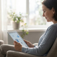 Femme assise confortablement dans un fauteuil, consultant des informations sur une tablette numérique.