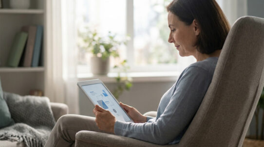 Femme assise confortablement dans un fauteuil, consultant des informations sur une tablette numérique.