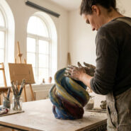 Une artiste en salopette façonne une sculpture en argile colorée dans un atelier lumineux.