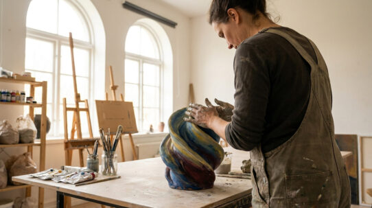 Une artiste en salopette façonne une sculpture en argile colorée dans un atelier lumineux.