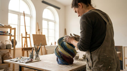 Une artiste en salopette façonne une sculpture en argile colorée dans un atelier lumineux.