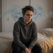 Personne épuisée assise sur un lit, entourée d'une brume symbolisant le brouillard mental dû au manque de sommeil.