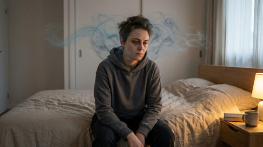 Personne épuisée assise sur un lit, entourée d'une brume symbolisant le brouillard mental dû au manque de sommeil.