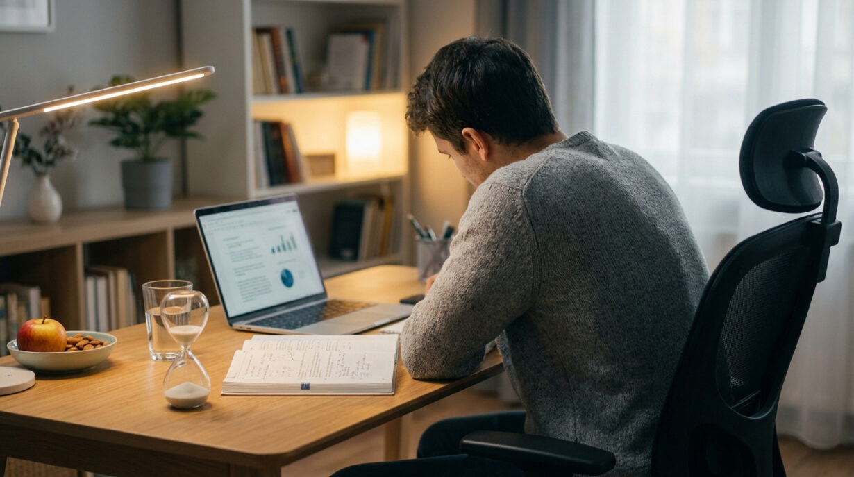 Un étudiant concentré devant son ordinateur et un livre dans un bureau bien rangé.