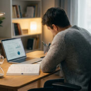 Un étudiant concentré devant son ordinateur et un livre dans un bureau bien rangé.