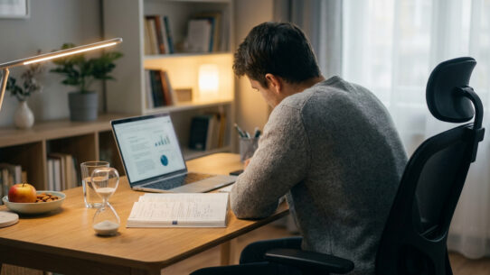 Un étudiant concentré devant son ordinateur et un livre dans un bureau bien rangé.