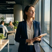 Une femme d'affaires confiante regarde par la fenêtre d'un bureau moderne avec vue sur la ville.
