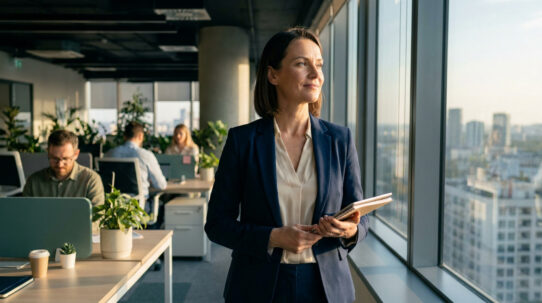 Une femme d'affaires confiante regarde par la fenêtre d'un bureau moderne avec vue sur la ville.