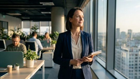Une femme d'affaires confiante regarde par la fenêtre d'un bureau moderne avec vue sur la ville.