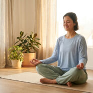 Une femme médite sereinement en posture du lotus sur un tapis de yoga dans une pièce baignée de lumière naturelle.