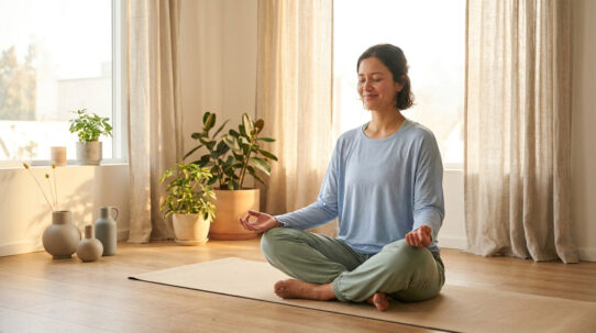 Une femme médite sereinement en posture du lotus sur un tapis de yoga dans une pièce baignée de lumière naturelle.