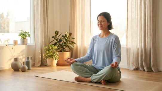 Une femme médite sereinement en posture du lotus sur un tapis de yoga dans une pièce baignée de lumière naturelle.