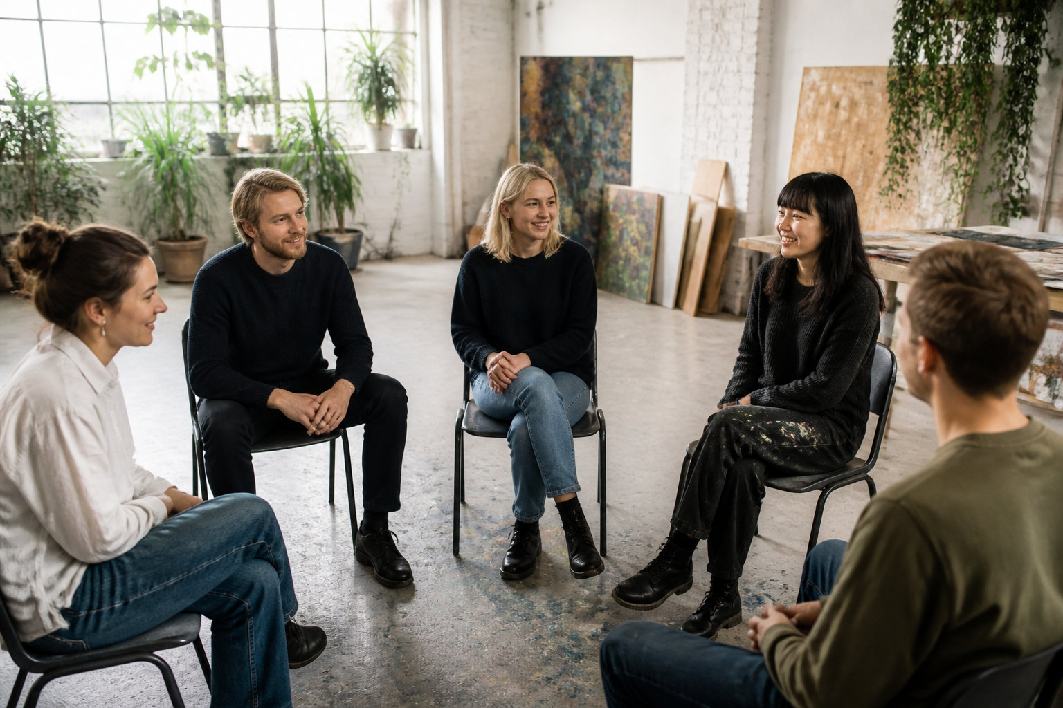 Groupe réuni dans un atelier artistique lumineux