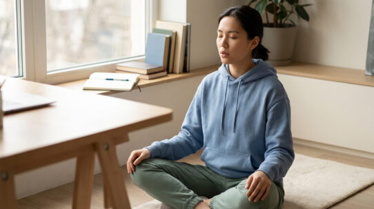 Étudiante assise en tailleur par terre, pratiquant la méditation près d'un bureau pour se détendre avant ses examens.