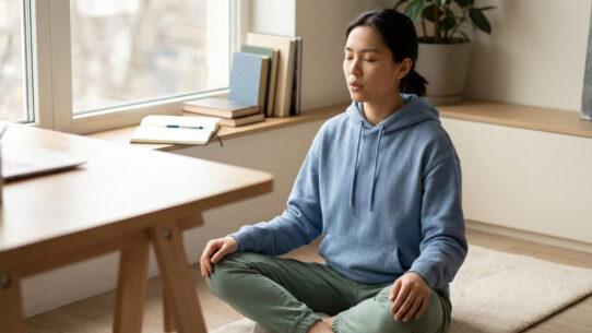 Étudiante assise en tailleur par terre, pratiquant la méditation près d'un bureau pour se détendre avant ses examens.