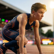 Athlète concentré en position de départ sur une piste d'athlétisme avant une course, sous les projecteurs du stade.