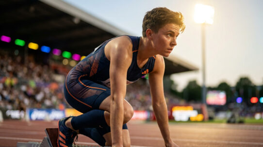 Athlète concentré en position de départ sur une piste d'athlétisme avant une course, sous les projecteurs du stade.