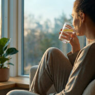 Une femme détendue boit un verre d'eau citronnée assise près d'une fenêtre baignée par la lumière du soleil levant.