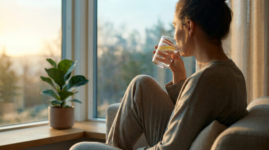 Une femme détendue boit un verre d'eau citronnée assise près d'une fenêtre baignée par la lumière du soleil levant.