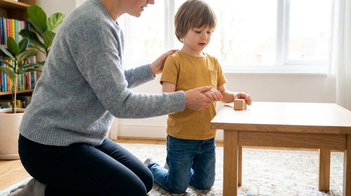 Une mère s'agenouille doucement près de son jeune fils pour le guider dans une activité calme, dans un intérieur lumineux.