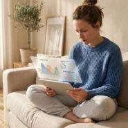 Une femme assise sur un canapé regarde des graphiques de stress et d'énergie affichés sur une tablette numérique.
