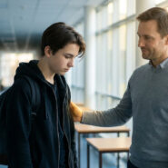 Un père réconforte son fils adolescent triste dans le couloir d'un lycée.