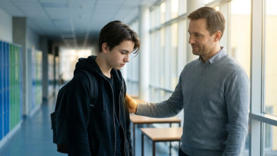 Un père réconforte son fils adolescent triste dans le couloir d'un lycée.