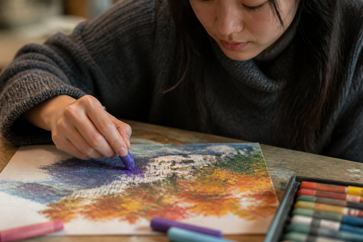 Femme dessinant avec un pastel à l’huile violet