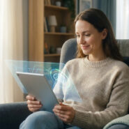 Une femme souriante utilise une tablette avec une interface holographique représentant un cerveau dans son salon.