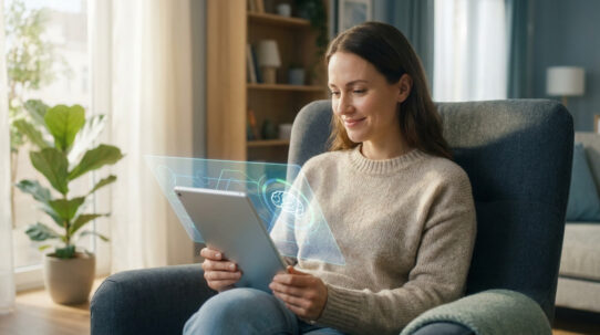 Une femme souriante utilise une tablette avec une interface holographique représentant un cerveau dans son salon.