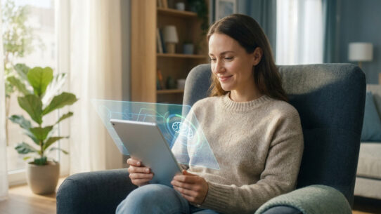 Une femme souriante utilise une tablette avec une interface holographique représentant un cerveau dans son salon.