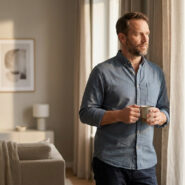 Un homme pensif tenant une tasse de café près d'une fenêtre dans un salon au design minimaliste et lumineux.