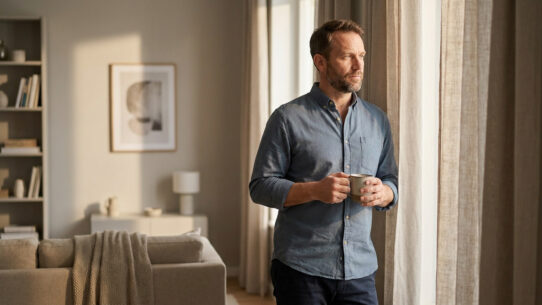 Un homme pensif tenant une tasse de café près d'une fenêtre dans un salon au design minimaliste et lumineux.