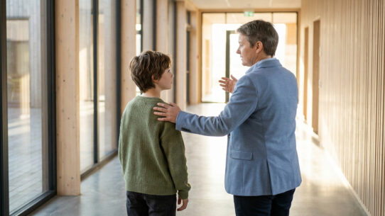 Un enseignant rassure un élève dans un couloir d'école moderne et lumineux.