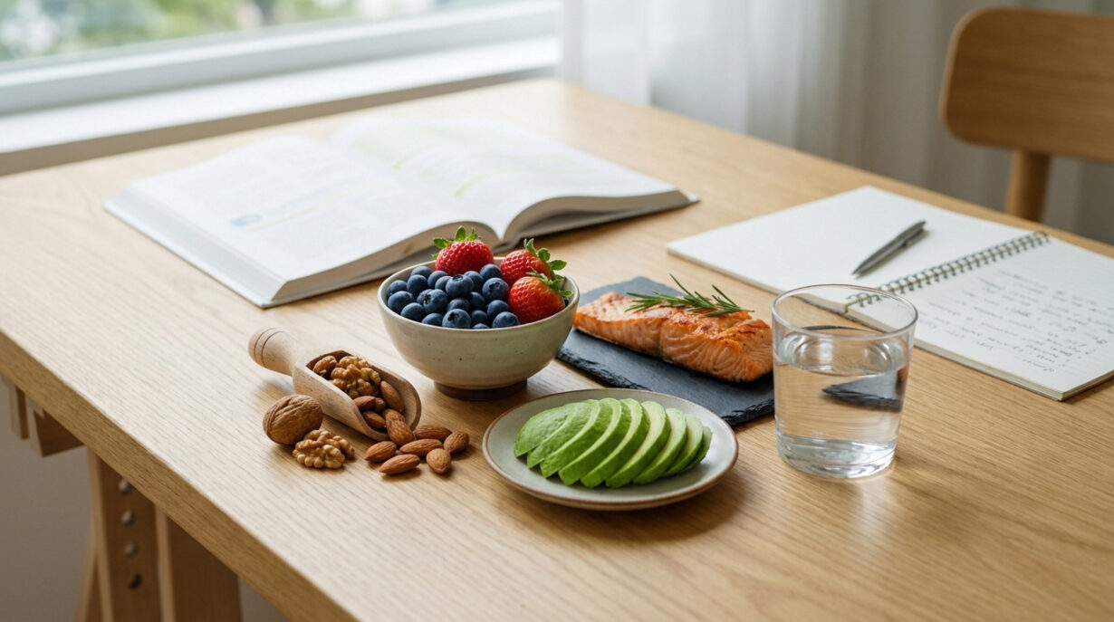 Table en bois avec des aliments sains, un livre ouvert et un carnet de notes pour étudier.