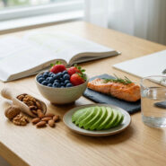 Table en bois avec des aliments sains, un livre ouvert et un carnet de notes pour étudier.