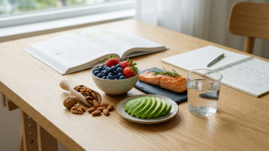 Table en bois avec des aliments sains, un livre ouvert et un carnet de notes pour étudier.