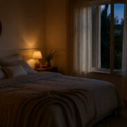 Chambre calme avec lumière tamisée avant le coucher