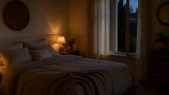 Chambre calme avec lumière tamisée avant le coucher