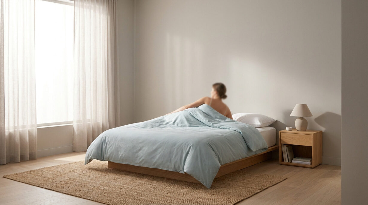 Une personne allongée dans un lit aux draps bleu clair dans une chambre lumineuse et minimaliste au style scandinave.